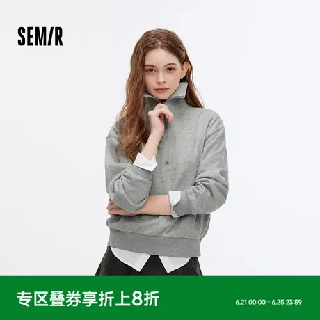 森马卫衣女纯色半开襟衣服温柔百搭秋休闲风宽松落肩套头衫ins潮图片