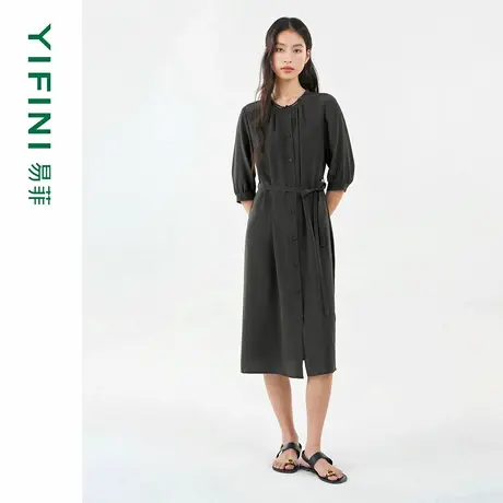 [专柜同款]Yifini/易菲100%桑蚕丝真丝设计感系带中袖连衣裙女夏图片