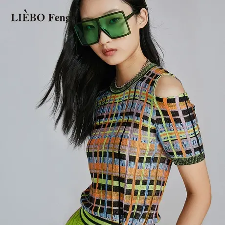 裂帛LIEBOFeng设计师品牌2023年程潇同款亮丝格纹短袖套头针织衫商品大图