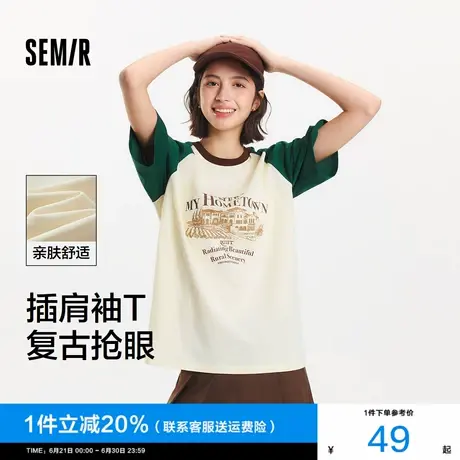 森马短袖T恤女中长款圆领套头衫宽松夏季拼色插肩袖图案衣服时尚商品大图