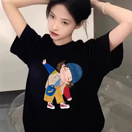 大码女装微胖纯棉短袖T恤女宽松高中学生卡通遮肉黑色上衣服衫ins图片