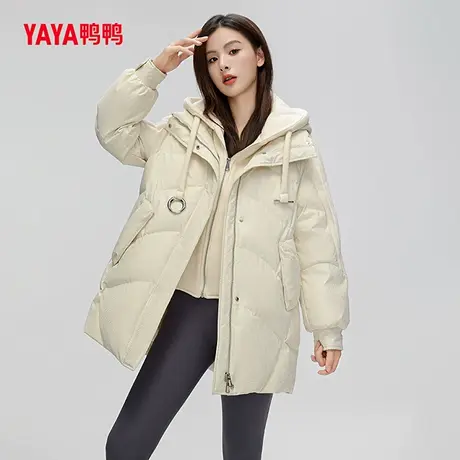 鸭鸭羽绒服女2023冬季新品中长款卫衣帽拼接假两件套加厚外套J商品大图