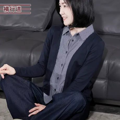 条纹假两件衬衫领2025秋装新款打底衫翻领拼接女士T恤上衣服小衫商品大图