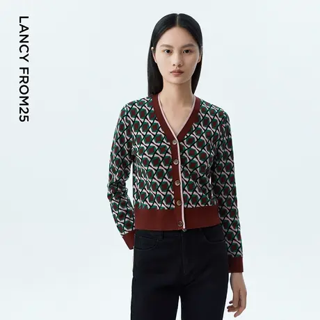 LANCY/朗姿2023秋季新款针织开衫女图形印花气质V领设计感短外套商品大图