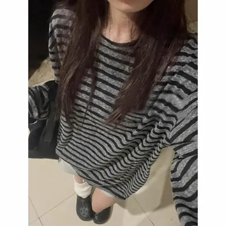 条纹慵懒风长袖T恤女春秋季韩版宽松显瘦打底衫内搭可外穿上衣潮图片