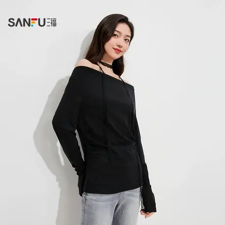 三福女秋季蕾丝挂脖荡领打底衫单衣 法式修身外穿上衣504760图片