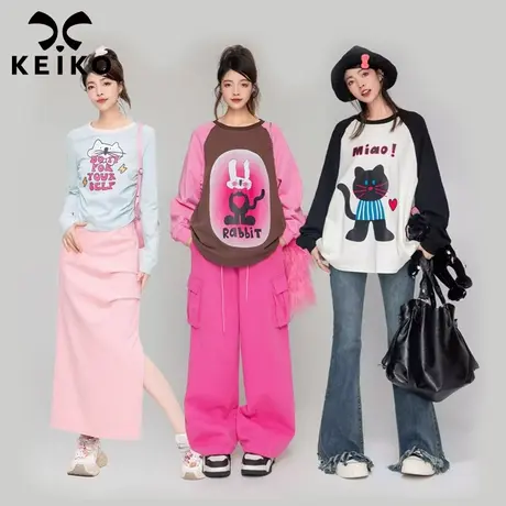 KEIKO 可爱印花长袖t恤女2023秋冬新款美式插肩袖上衣打底衫图片