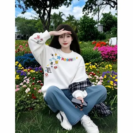 白色圆领卫衣女款2025新款爆款正流行美式潮流巨好看的慵懒chic商品大图