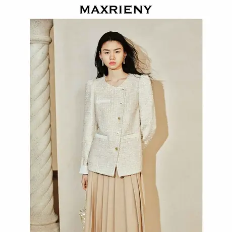【奥莱】MAXRIENY复古玉饰斜襟撞色小香长外套春商品大图