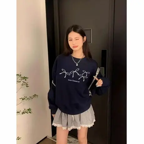藏蓝色圆领重磅卫衣女2025新款爆款秋冬宽松美式慵懒加绒无帽上衣商品大图
