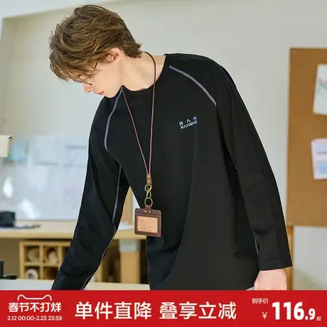 唐狮2026春季新款男圆领长袖T恤休闲风明线设计插肩袖宽松时尚图片