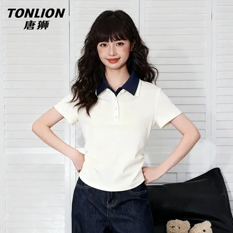 唐狮官方假两件短袖t恤女夏季2026新款女士修身显瘦polo领上衣VB图片