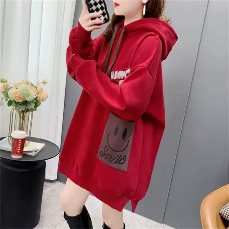 中长款加绒加厚连帽卫衣女2023新款秋冬宽松慵懒风设计感外套上衣商品大图