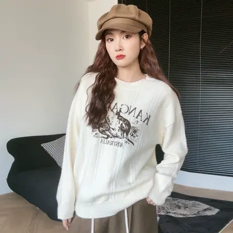 尔给杏色小众圆领慵懒宽松套头长袖打底针织衫上衣女2023新款秋冬商品大图