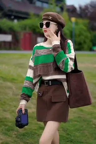 2023新款时尚潮流彩色条纹上衣套头女款长袖慵懒风针织衫毛衣外套商品大图