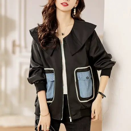 春秋季新款娃娃领长袖外套女宽松加大码女装妈妈休闲减龄夹克上衣商品大图