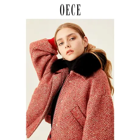 【买1送1】Oece秋冬装新款 复古毛领短款毛呢外套女人字呢大衣图片