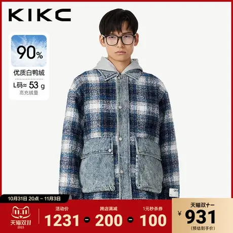 kikc轻薄羽绒服男2023冬季新款商场同款毛呢拼牛仔潮流格纹外套图片