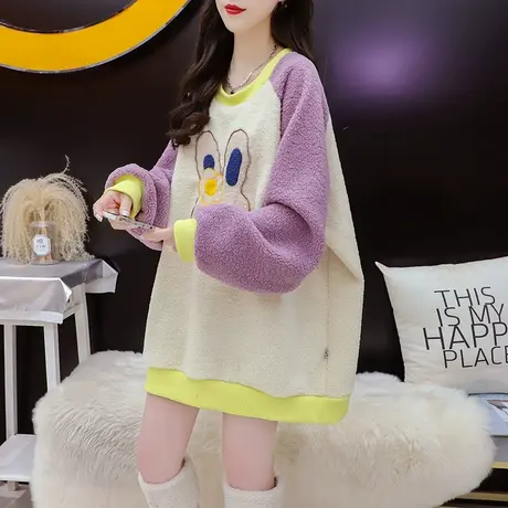 加绒加厚羊羔毛卫衣外套女2023新款秋冬季洋气减龄宽松设计感上衣图片