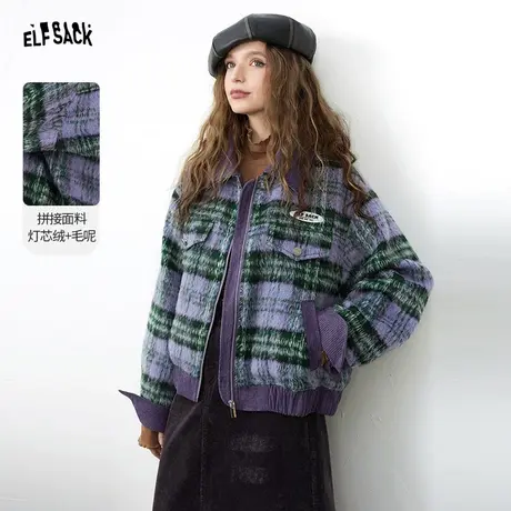 妖精的口袋拼接短款毛呢外套女2023冬季新款复古格纹灯芯绒呢大衣商品大图