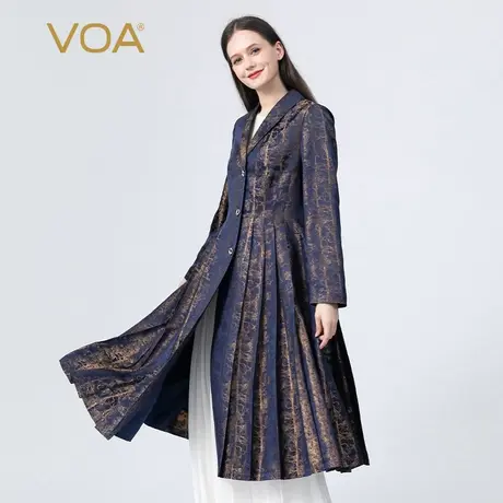 VOA色织提花真丝三粒扣印花斜插口袋复古风格长袖长款桑蚕丝外套图片