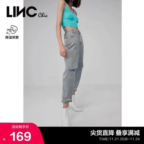 LINCCHIC金羽杰裤子女复古高腰砂洗破洞直筒牛仔裤女2032106商品大图