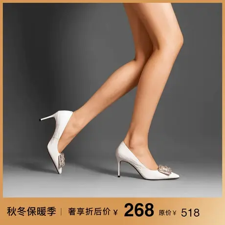 熙漫2023新款水钻绝美漆皮百搭单鞋皮细跟白色轻奢女神范高跟鞋女商品大图