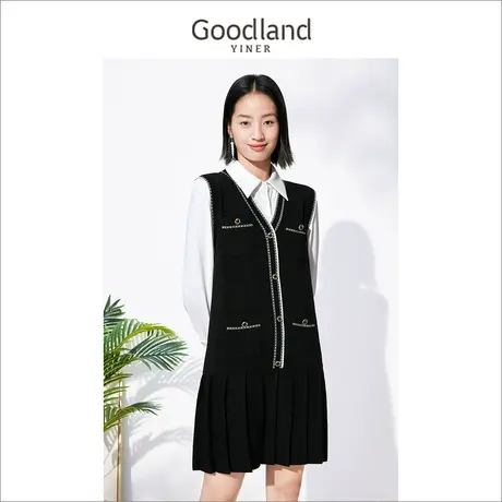 Goodland美地女装冬季撞色拼接假两件设计感百褶连衣裙图片