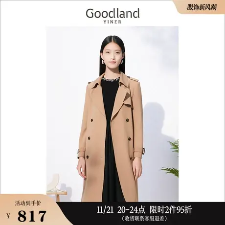 Goodland美地女装秋季中长款双排扣翻领收腰风衣休闲外套商品大图