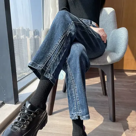 加绒牛仔裤女直筒宽松春秋2025新款开叉小个子高腰显瘦九分烟管裤图片