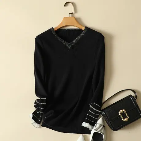 秋装女2023年新款V领套头毛衣女蕾丝韩版显瘦上衣内搭针织打底衫商品大图