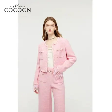 MISSCOCOON驼鸟毛小香风上衣2023秋装新款女圆领短外套商品大图