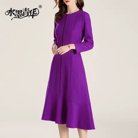 水墨青华冬季新款百搭毛呢裙女装打底裙优雅时尚气质连衣裙商品大图