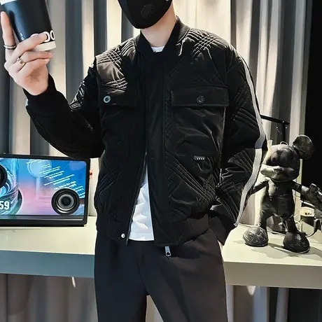 冬季潮牌棒球服棉服外套2022新款男装上衣袄子修身短款菱形格棉衣图片