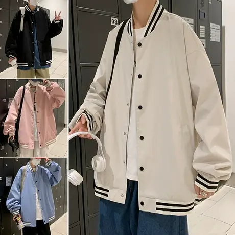 港风棒球服男春秋季纯色夹克衫ins潮流韩版排扣宽松休闲痞帅外套商品大图