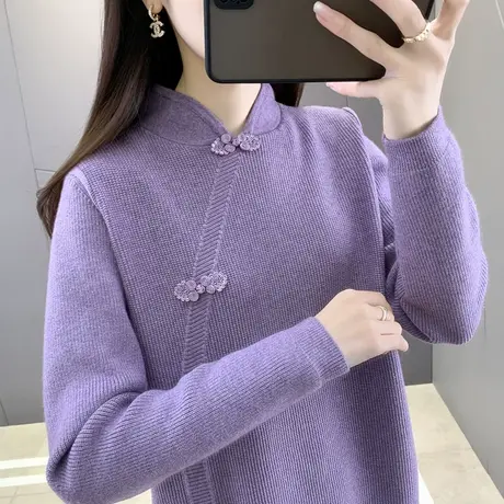 冬装复古旗袍领针织衫上衣宽松女纯色毛衣秋冬加厚半高领打底衫潮图片