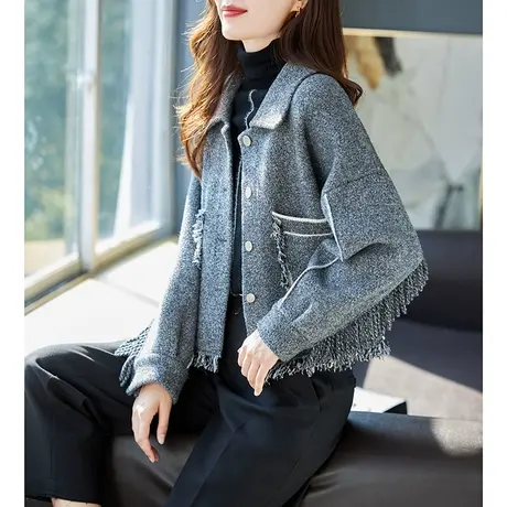 宝诗黎翻领流苏针织开衫2023秋季新款款宽松口袋上衣女时尚短外套商品大图