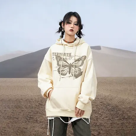 YEP蝴蝶连帽卫衣女春秋oversize宽松美式复古套头外套ins欧美潮牌图片