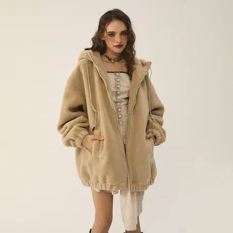 复古纯色连帽棉服女冬季加厚羊羔毛外套2023新款潮牌宽松棉衣棉袄图片