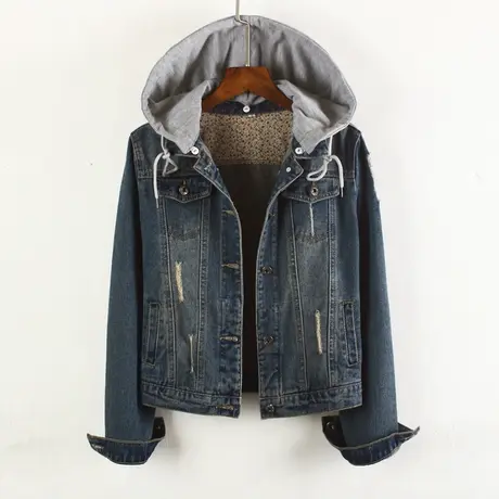 牛仔外套女连帽带帽春秋短款修身韩版大码新款学生长袖牛仔服上衣图片