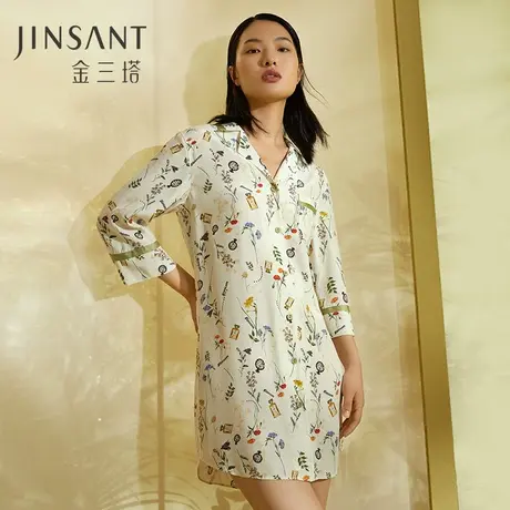 金三塔100%桑蚕丝真丝两穿式女士时尚印花衬衫睡裙家居服23年新品图片