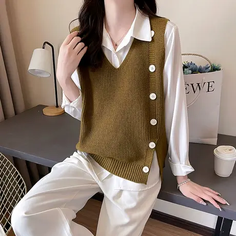 针织马甲背心秋装女2023年新款设计感V领纽扣宽松内搭马夹上衣商品大图