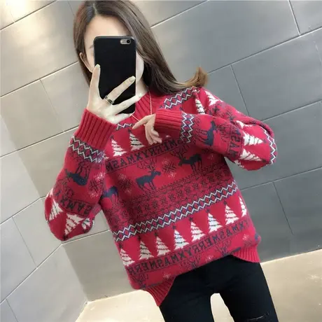 2022秋冬新款加厚半高领红色毛衣女宽松外穿洋气针织衫圣诞毛衣女图片