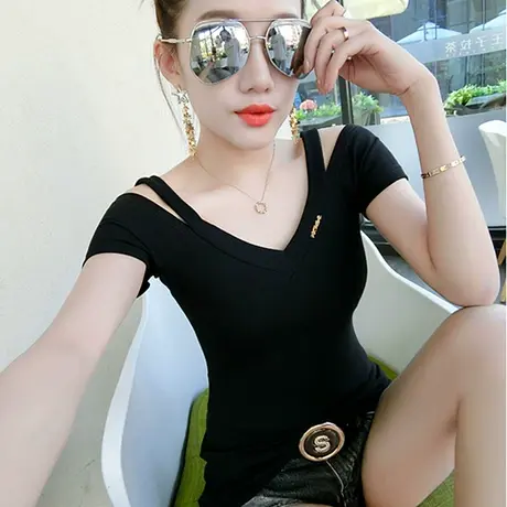 女装2023新款性感V领T恤女短袖气质露肩上衣夏季修身百搭体恤小衫商品大图