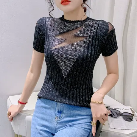性感镂空针织上衣女短袖欧货网纱拼接小衫百搭紧身烫钻T恤夏装ins图片