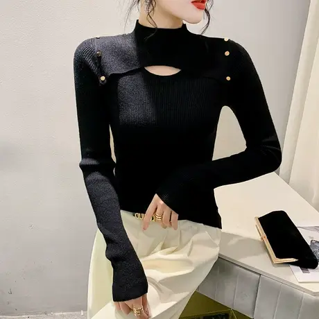 秋冬新款套头针织衫性感镂空个性半高领长袖上衣洋气内搭修身毛衣商品大图