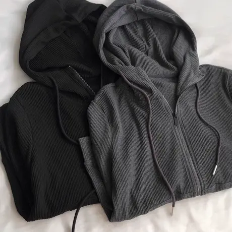 纯色连帽开衫卫衣女春秋宽松显瘦双拉链设计感小众上衣外套ins潮图片