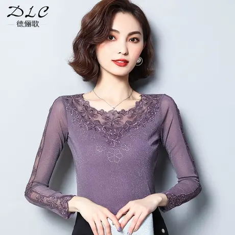 新款蕾丝打底衫女春秋百搭大码网纱上衣低领内搭长袖薄款洋气小衫商品大图