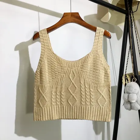 麻花针织马甲小背心女外穿夏季法式复古高腰短款打底无袖吊带上衣商品大图