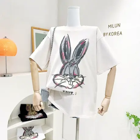 中长款半袖卡通T恤2023春夏款宽松大版高级感印花兔子上衣欧货潮图片